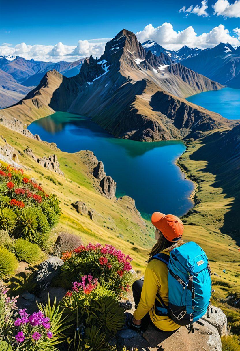 A breathtaking view of the Andes mountains, featuring vibrant green valleys and colorful wildflowers under a bright blue sky. A cheerful hiker with a backpack stands atop a rocky hill, smiling as they take in the scenery. In the distance, a serene lake reflects the towering peaks, with fluffy clouds drifting above. The atmosphere exudes joy and adventure, perfect for a hiking blog. super-realistic. vibrant colors.