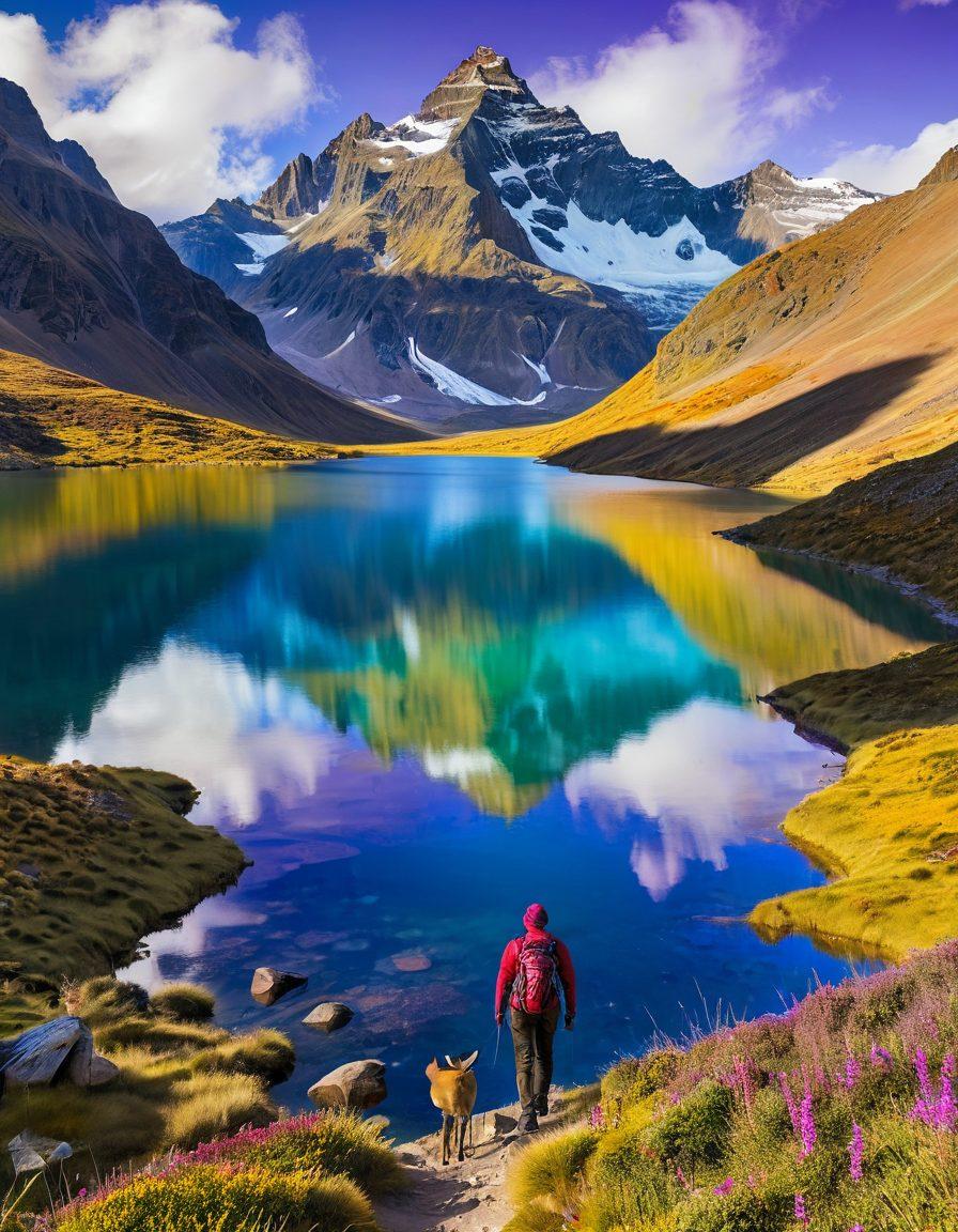 A serene landscape showcasing the Andean National Parks, featuring towering snow-capped mountains, lush green valleys, and crystal-clear lakes reflecting the sky. Include a hiker joyfully exploring the terrain, surrounded by colorful wildflowers and diverse wildlife. Soft golden sunlight filters through wispy clouds, creating a peaceful ambiance. super-realistic. vibrant colors.