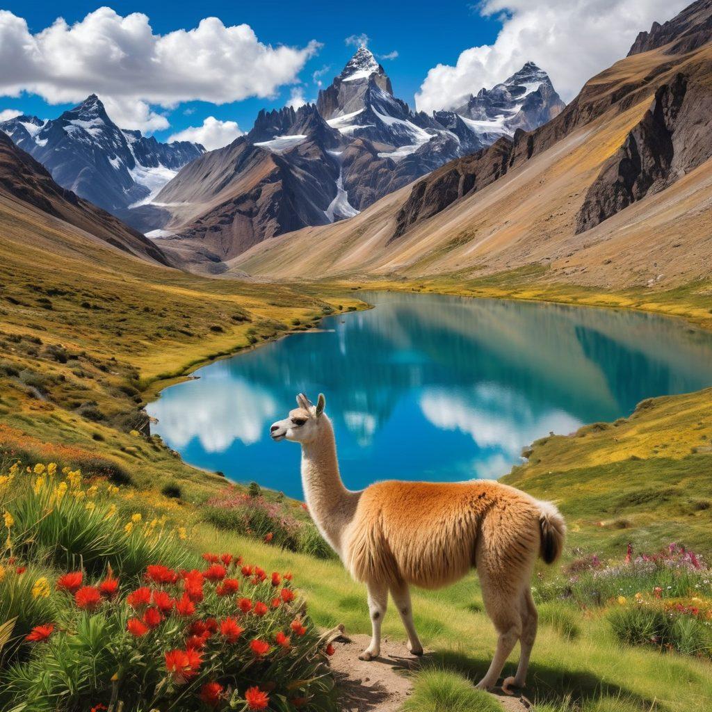 A breathtaking landscape showcasing the Andean mountains, with lush green valleys, vibrant wildflowers in bloom, and a crystal-clear lake reflecting the peaks. Include travelers joyfully hiking along winding trails, with colorful backpacks, and native wildlife like llamas in the background. The sky is bright blue with fluffy clouds adding a serene atmosphere. super-realistic. vibrant colors. panoramic view.